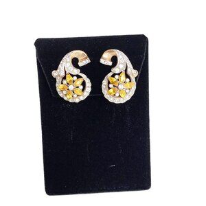 Signed NORDIC Topaz Amber Rhinestones Earrings Vintage Clip On Retro Design